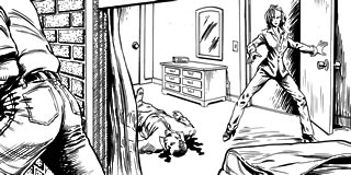 Illustration: Woman arrives on a murder scene, just as the perpatrator leaves...